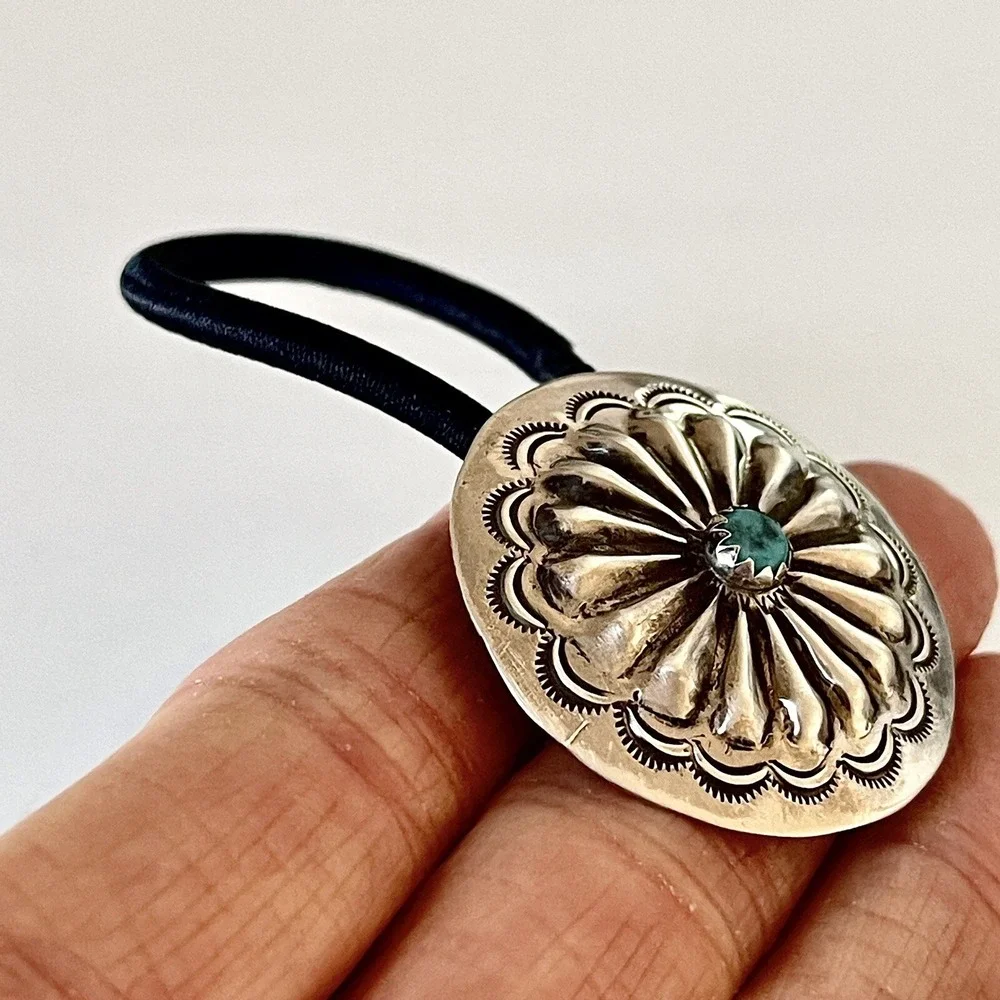 Turquoise Navajo Hair Tie 1.25in Ponytail Hand Stamped Sterling‎ Ornament Concho